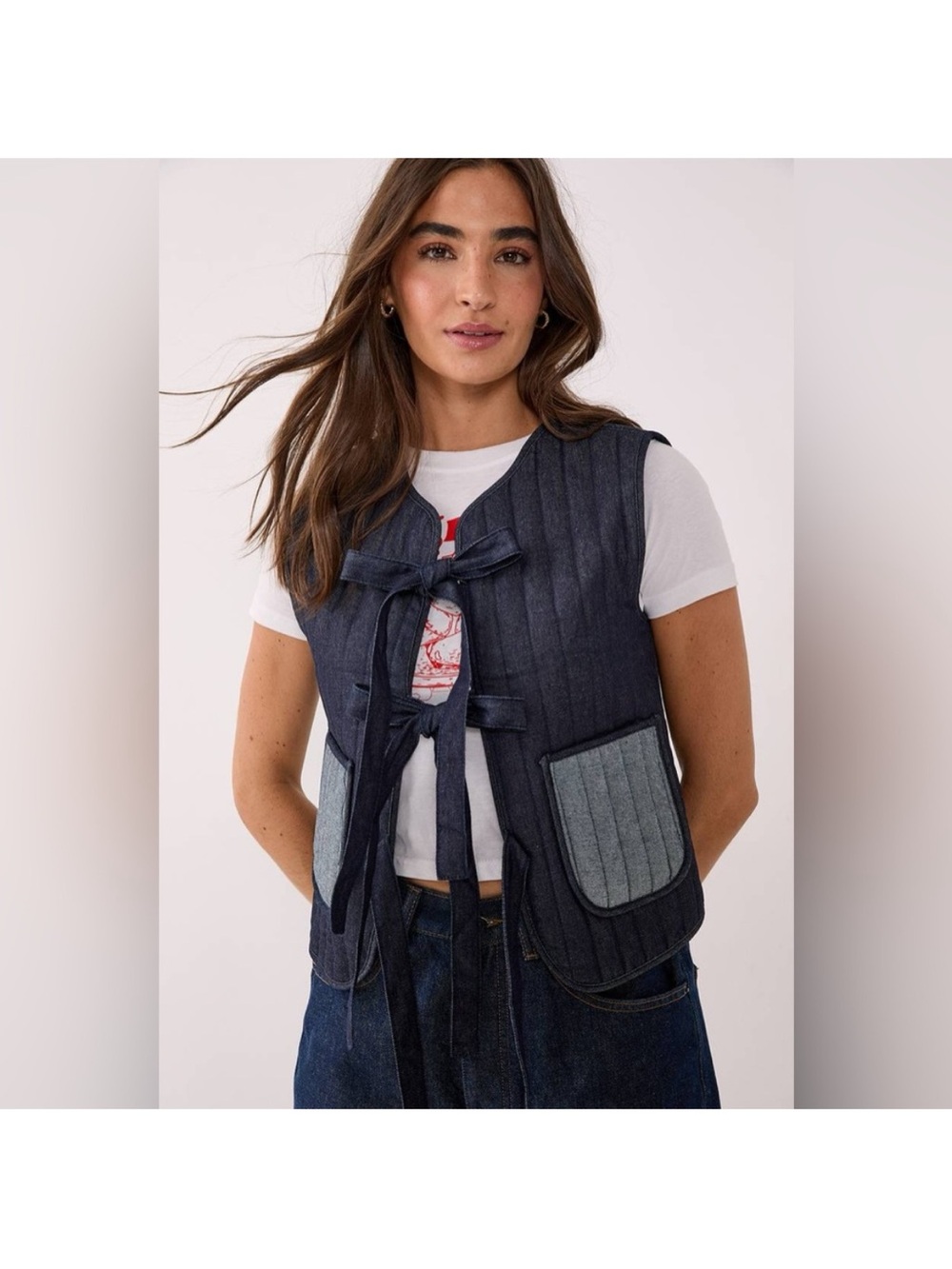 Nasty Gal NEW Indigo Denim Tie Front Gilet Quilted Vest 12
